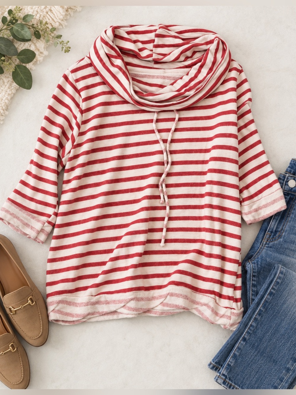 Loveappella Striped Cowl Neck Sweatshirt 3/4 Sleeve Soft Cozy Top Small
